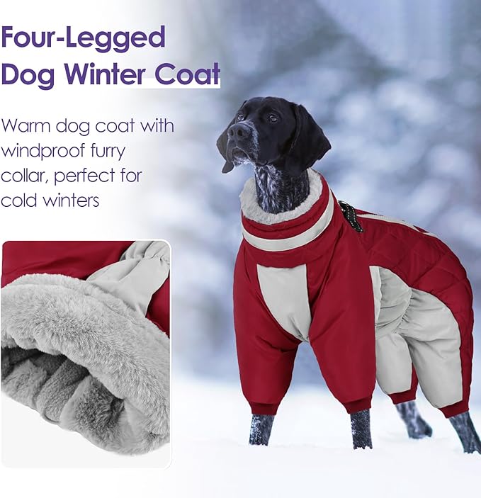 SUNFURA Full Body Dog Coat - Warm Fleece Jacket for Medium Dogs, Turtleneck Winter Coats with Harness, Reflective Dog Snowsuit Windproof Puffer Jackets with Legs for Boston Terrier, Burgundy M