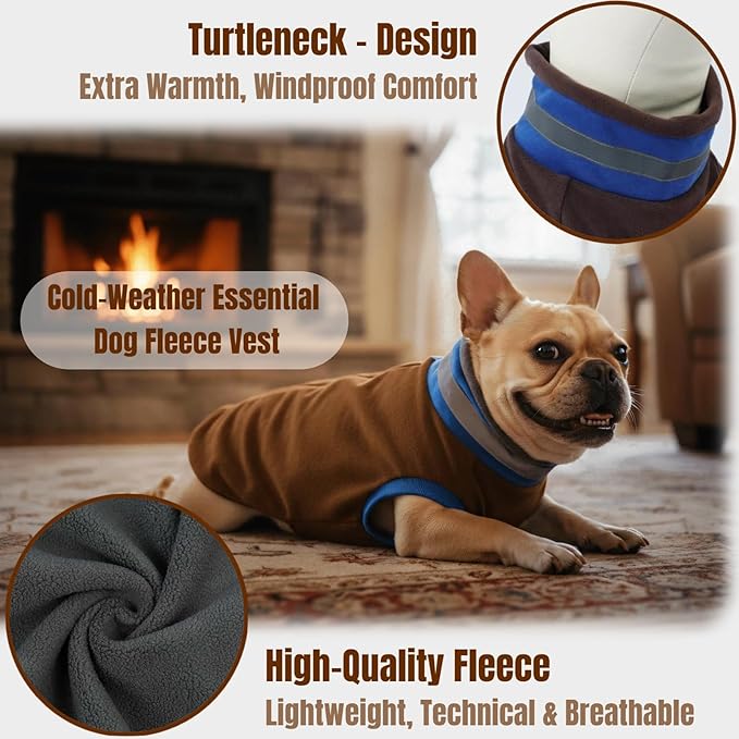 Winter Warm Dog Fleece Vest Sweater, Soft & Snug-Fit Doggie Sweaters for Small Dogs with Back-Zipper, Turtleneck Puppy Vests Sweatshirt, Lightweight Coat Pet Clothes with Reflective Strip(Brown, XS)