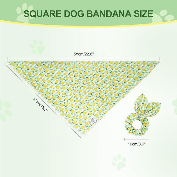 E-Clover Summer Lemon Dog Bandanas & Matching Scrunchie Set Green Stripe Dog Scarf Bibs Pet Bandana with Bow Tie for Small Dogs Puppy Owner Mom