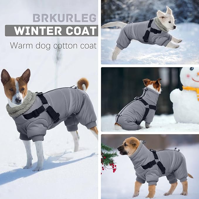 BRKURLEG Grey Dog Winter Coat, Cozy Winter Dog Jackets, Small Dogs Coat with Harness, Onesie Body Warm Puppy Jacket, Pet Reflective Windproof Cold Weather Jackets, Puppy Four-Legged Puffer Coats, XL