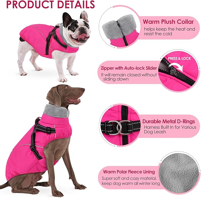 AOFITEE Large Dog Coat, Waterproof Dog Jacket Winter with Harness Built in, Warm Fleece Pet Puffer Jacket with Zipper, Cold Weather Coats for Dogs, Reflective Pet Snowsuit, Great Dane, Pink XXXL