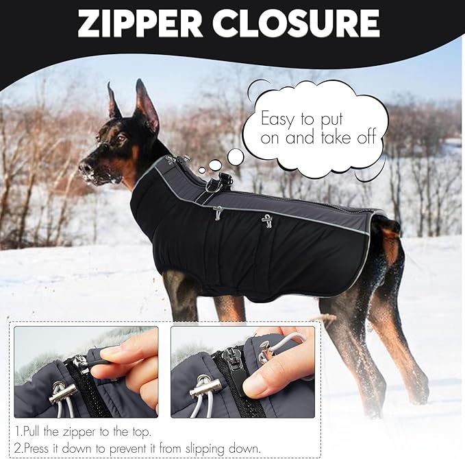IDOMIK Warm Dog Coat with Harness, Waterproof Reflective Dog Jackets for Small Medium Large Dogs, Fleece High Collar Winter Jacket with Zipper, Pet Winter Snowsuit Clothes for Cold Weather,Black 2XL