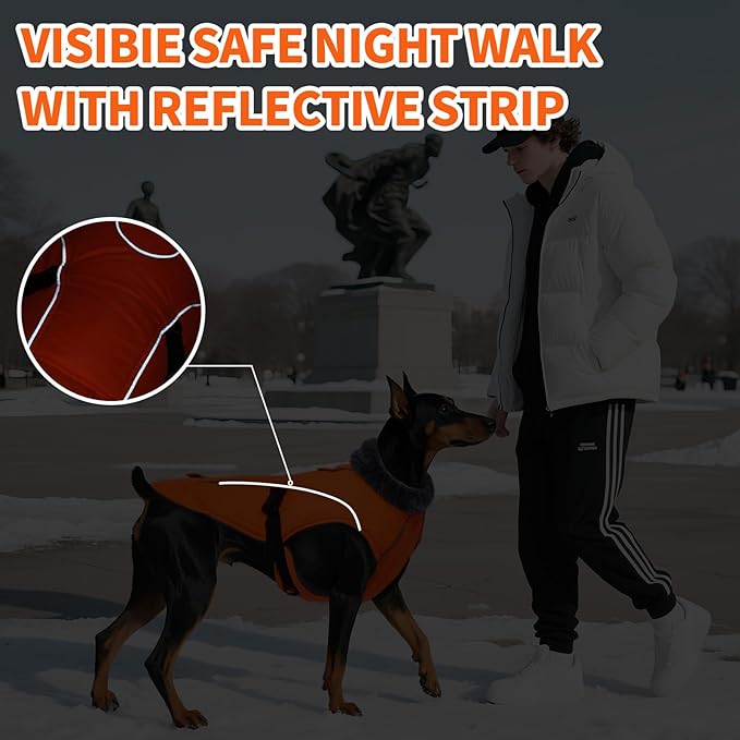 DENTRUN Small Dog Winter Warm Coat - Windproof Cozy Jacket, Thick Fleece Vest with Adjustable Belt, Water Repellent, Reflective Dog Sweater for Yorkie Dachshund Wear, Orange, S