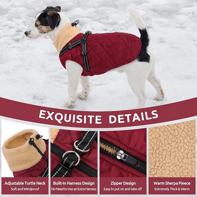 Queenmore Dog Jackets for Large Dogs, Dog Coat with Harness Built-in, Thick Fleece Lining Waterproof Jacket for Large Breeds, Back Zipper Pet Winter Jacket for Retriever, Labrador, Burgundy XL