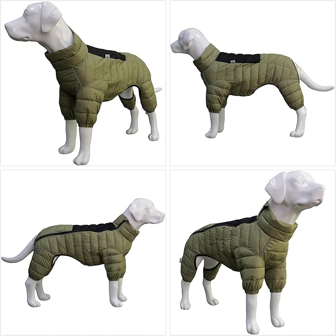 Dog Warm Jacket, 4 Legs Covered Waterproof Windproof Reflective Warm Dog Vest for Small Medium Large Dogs Olive Green L