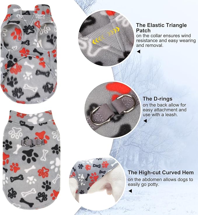 BEAUTYZOO Small Dog Sweater Fleece Vest Winter Jacket, D-Ring Leash Attachment for XS S Puppy Medium Sized Breeds Dogs, Cold Weather Dog Clothes Windproof Keep Warm, Grey Bones Paw L