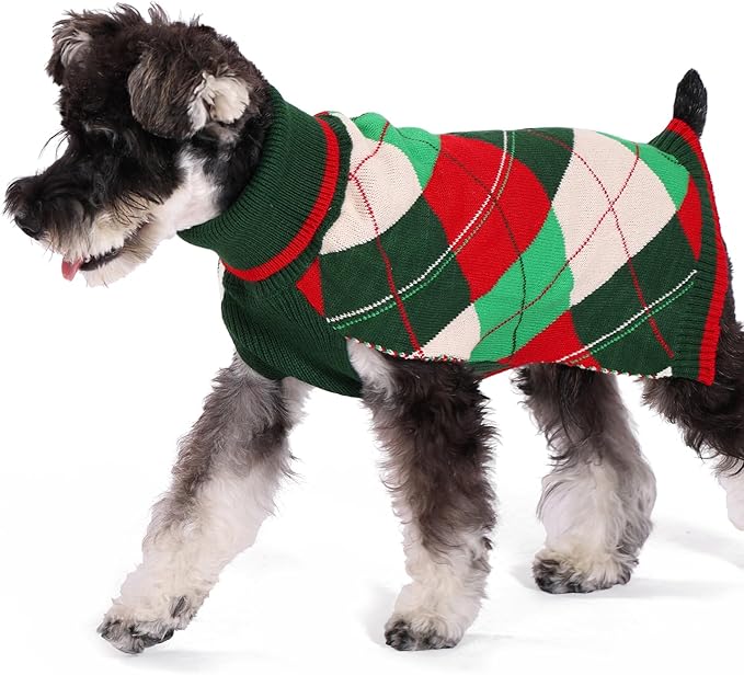 KOOLTAIL Dog Christmas Sweater Pet Knitted Clothes - Classic Plaid Pull Over Turtleneck Dog Sweaters with Leash Hole Warm Dogs Winter Clothing for Small Medium Dogs Cats Puppy Boy Girl Red & Green L