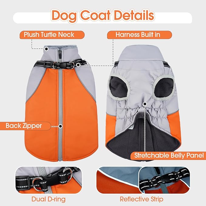 DENTRUN Dog Coat with Harness Built in, Adjustable Winter Dog Coat with Reflective Strips, Fleece Lined No Sleeves Jacket for Chihuahua, Orange, S