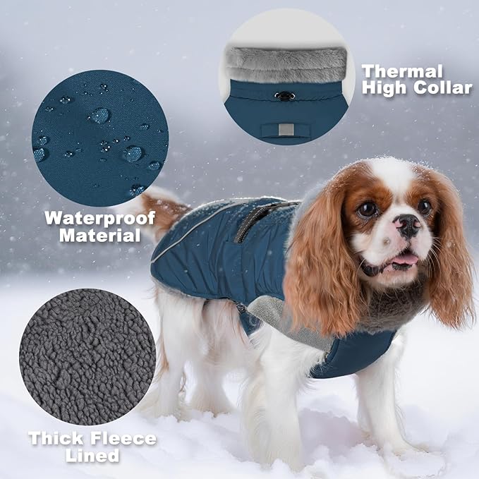 KYEESE Waterproof Dog Coat, Windproof Winter Jacket with Thick Fleece Lining, Extra Warm Turtleneck Dog Coats for Medium Dogs with Leash Hole and Reflective Design, Navy Blue, X-Large