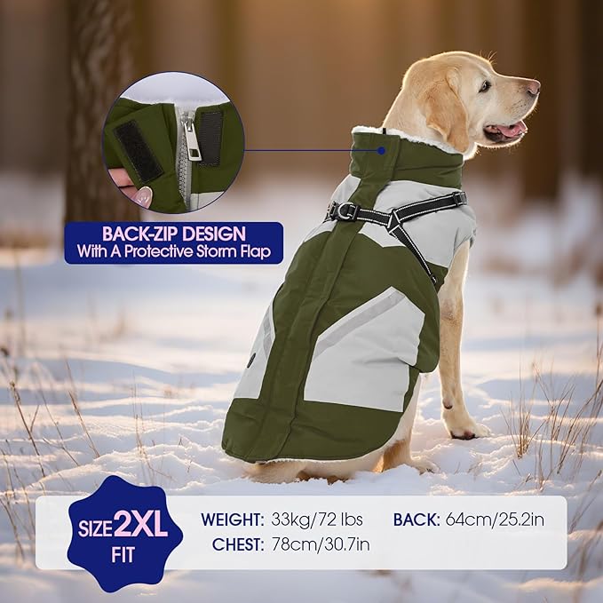 FUAMEY Dog Winter Jackets for Large Dogs,Dog Coat with Harness Built in,Waterproof Dogs Snowsuits Warm Pet Jacket Zip Up Fleece Cold Weather Coats Reflective Puppy Vest with Pocket Green 3XL