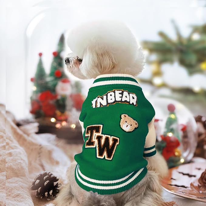 Small Dog Sweater Sweatshirt Cute Puppy Sweaters - Winter Green Warm Knitted Bear Design for Puppies (S)