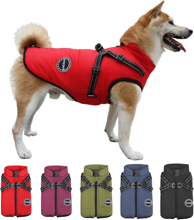 Dog Winter Coat,Warm Jacket Paded Fleece Pet Vest with Built in Harness, Windproof Reflective Cozy Adjustable Snow Pet Coat Clothes with Zipper for Small Medium Large Dogs