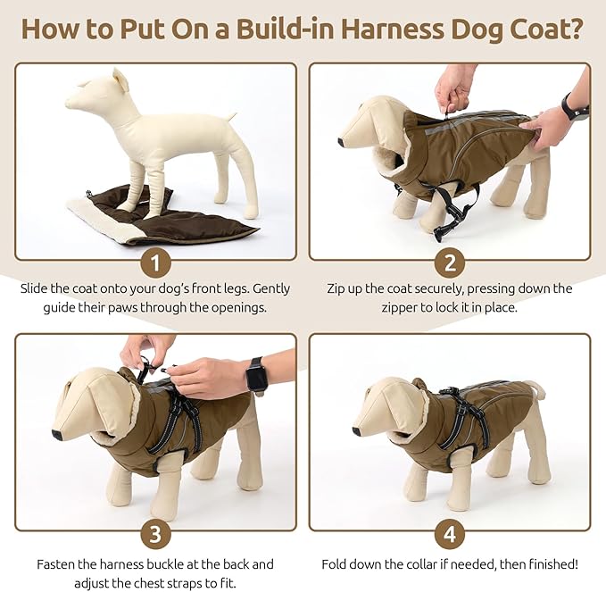 Dog Winter Coat with Harness Built in Warm Puffer Dog Jackets for Small Medium Large Dogs Windproof Waterproof Outfit with Plush Lining and Reflective Stripes (Brown, M)