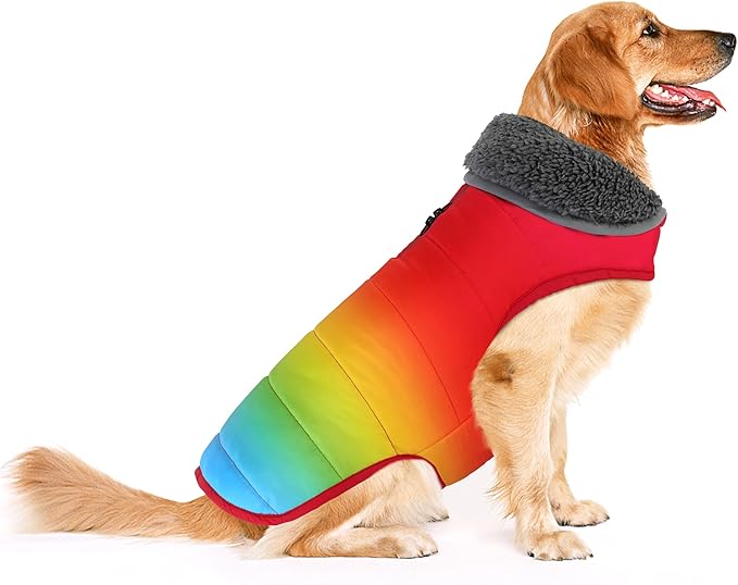 Dog Winter Coat, Waterproof Dog Jacket with Leash Hole, Reflective Adjustable Pet Snow Vest, Warm Fleece Sweater for Small Medium Large Dogs - Rainbow, 2XL