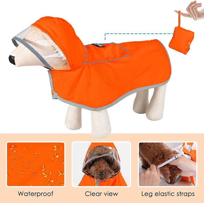 SlowTon Dog Raincoat, Adjustable Dog Rain Jacket Clear Hooded Double Layer, Waterproof Poncho with Reflective Strip Straps and Storage Pocket for Small Medium Large Dogs Puppies(OR XXL)