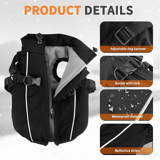 Dog Winter Coat Reflective Water-Resistant Jacket, Fleece Lined Windproof Puppy Coat with Back Zipper & D-Ring, Cold Weather Dog Coats for Small Medium Large Dogs (M, Black)
