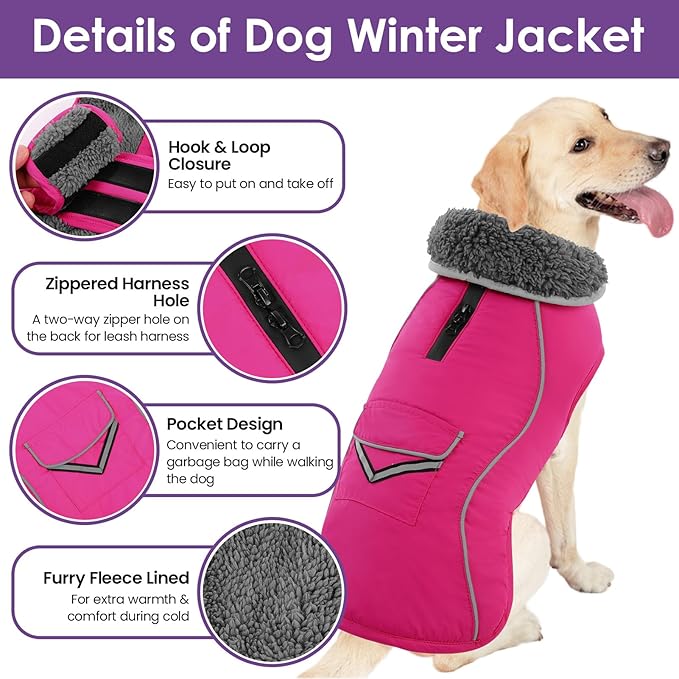 SUNFURA Small Dog Coat, Warm Dog Jacket with Zippered Leash Hole, Reflective Pet Winter Coat Fleece Jacket with Adjustable Furry Collar for Small Dogs Schnauzer, Yorkshire Terrier, Hot Pink S