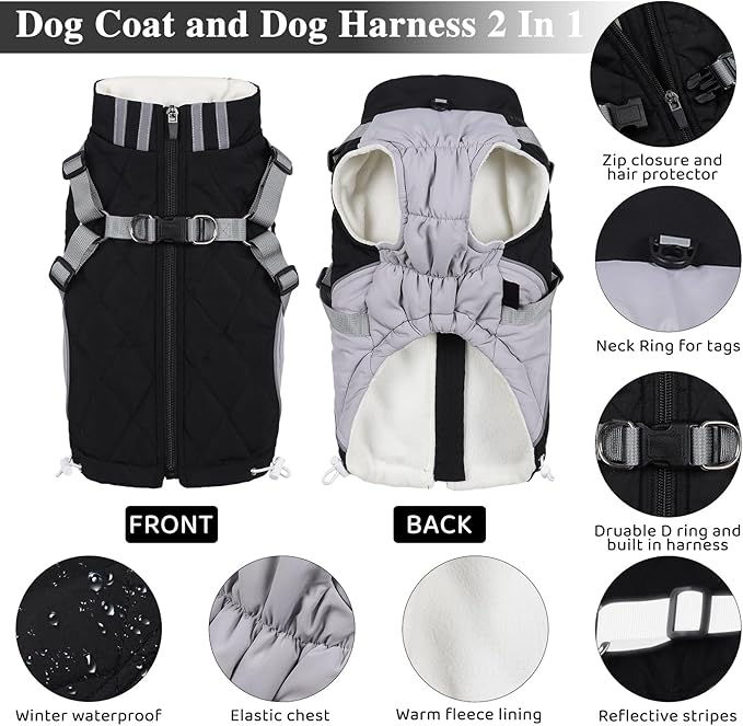 Gyuzh Dog Coat with Harness Dog Jacket Winter Waterproof Dog Coats Dog Harness Coat Cold Weather Winter Dog Coat with Harness Built in for Small Medium Large Dogs