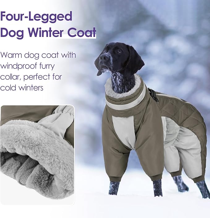 SUNFURA Full Body Dog Coat - Warm Fleece Jacket for Large Dogs, Turtleneck Winter Coats with Harness, Reflective Windproof Dog Snowsuit with Legs for Labrador,Golden Retriever, Army Green 2XL