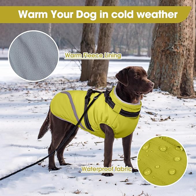 BRKURLEG Dog Winter Jackets for Medium Dogs, Dog Coat with Harness Built in, Dogs Snowsuits with Zipper, Waterproof Windproof Pet Puffer Jacket Fleece Vest for Pug, French Bulldog, Green M