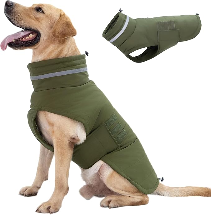 Dog Coat, Waterproof Winter Jacket, Warm Windproof Vest, Reflective Adjustable Turtleneck Coats for Large Dogs with Hook & Loop - Green - XL