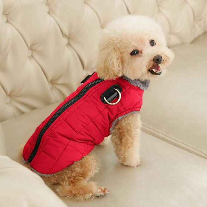 Warm Fleece Dog Coats with Durable Harness Buitl in D-Ring,Waterproof Puppy Jacket for Small Dogs,Dog Vest for Cold Winter,Red XS