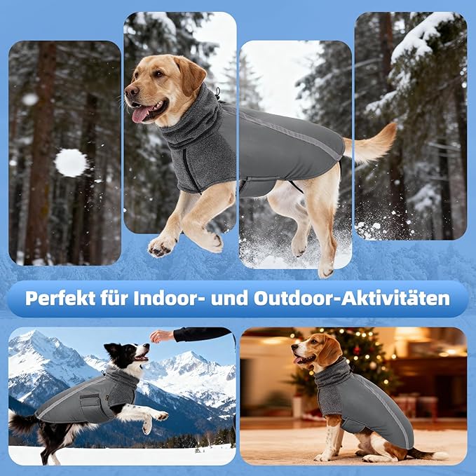 SlowTon Winter Dog Coat, Warm Polar Fleece Lining Doggie Outdoor Jacket with Turtleneck Scarf Reflective Stripe Adjustable Waterproof Windproof Puppy Vest Soft Pet Outfits (M,Grey)