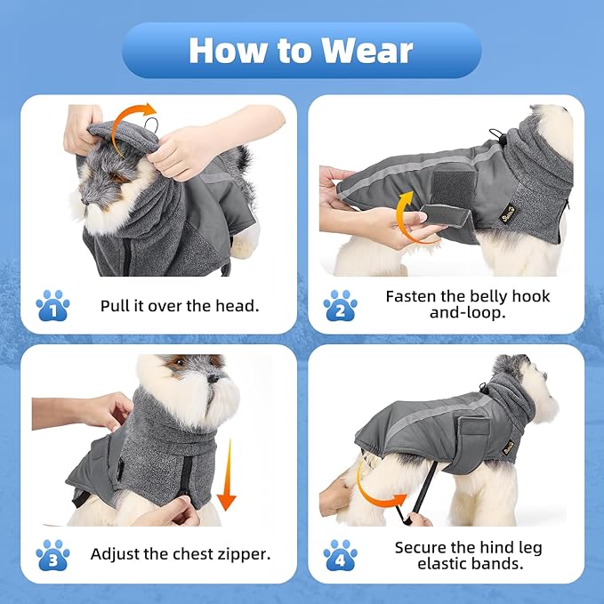 SlowTon Winter Dog Coat, Warm Polar Fleece Lining Doggie Outdoor Jacket with Turtleneck Scarf Reflective Stripe Adjustable Waterproof Windproof Puppy Vest Soft Pet Outfits (S,Grey)