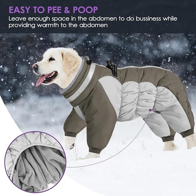SUNFURA Full Body Dog Coat - Warm Fleece Jacket for Large Dogs, Turtleneck Winter Coats with Harness, Reflective Dog Snowsuit Windproof Puffer Jackets with Legs for Weimaraner, Army Green XL