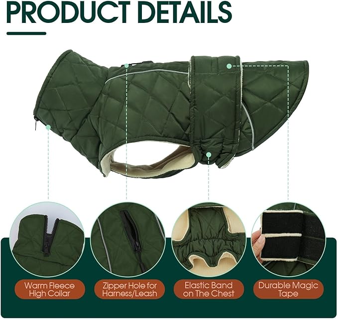 Kuoser Super-Warm Dog Coat, Windproof Cold Weather Coats for Extra Large Dogs, Fleece Lining Turtleneck Dog Snow Jacket with Reflective Strips Thermal Pet Winter Clothes, Green 2XL