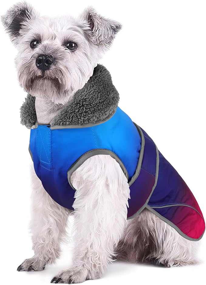 Dogcheer Dog Coat, Waterproof Dog Jacket Reflective Pet Winter Coat with Adjustable Hook & Loop, Christmas Puppy Fleece Jacket Warm Snowsuit for Small Medium Large Dogs - Gradient Blue-red, S