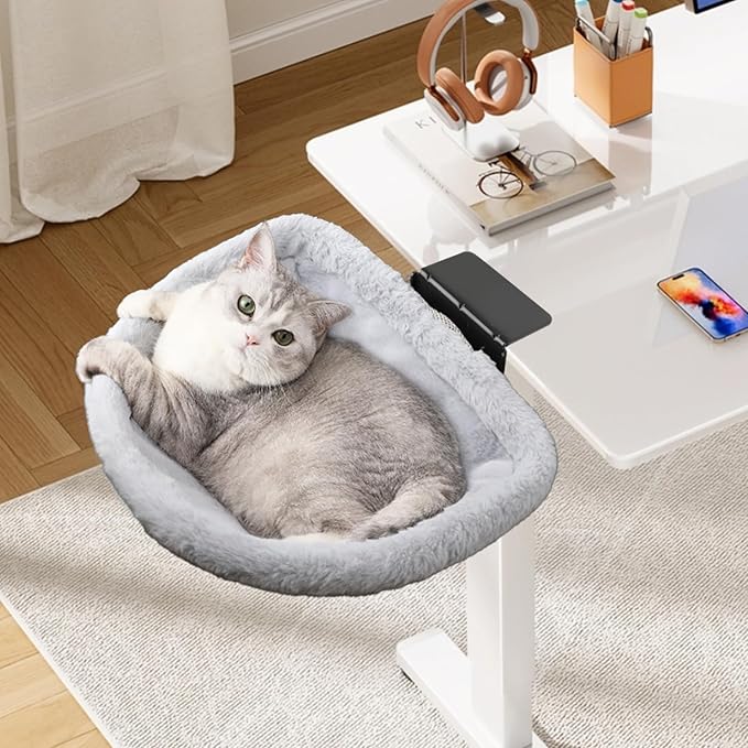 Secure Cat Desk Bed - Extra-Large Clamp & Sunken Hammock Design, Comfy Cat Desk Hammock with Faux Rabbit Fur Cover, Removable & Washable, Holds Up to 40lbs