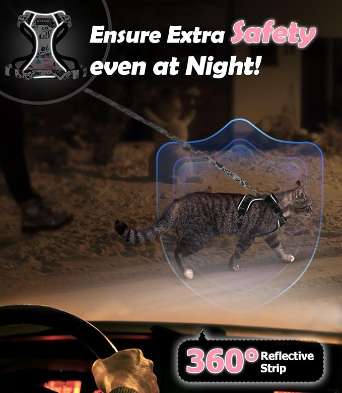 Halypet Cat Harness and Leash Set[MAX Safety 4th-Gen] Cute Escape Proof Vest Harness for Girl&Boy Cat Walking, Comfortable Adjustable Leash and Reflective Strips for Outdoor Kitten, XS Inky Meowy