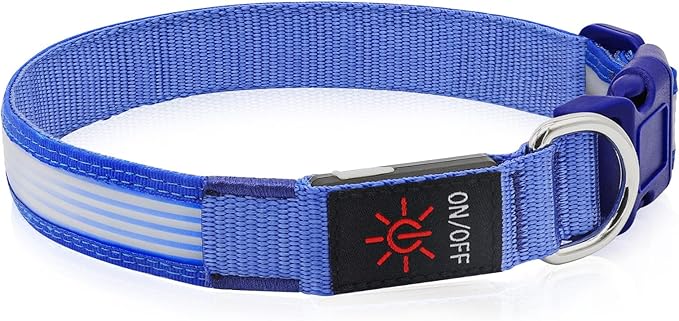 YFbrite Light up Dog Collar, USB Rechargeable LED Puppy Collar Super Bright Adjustable Glowing Dog Lights for Night Walking (Design-2- Blue, Small)