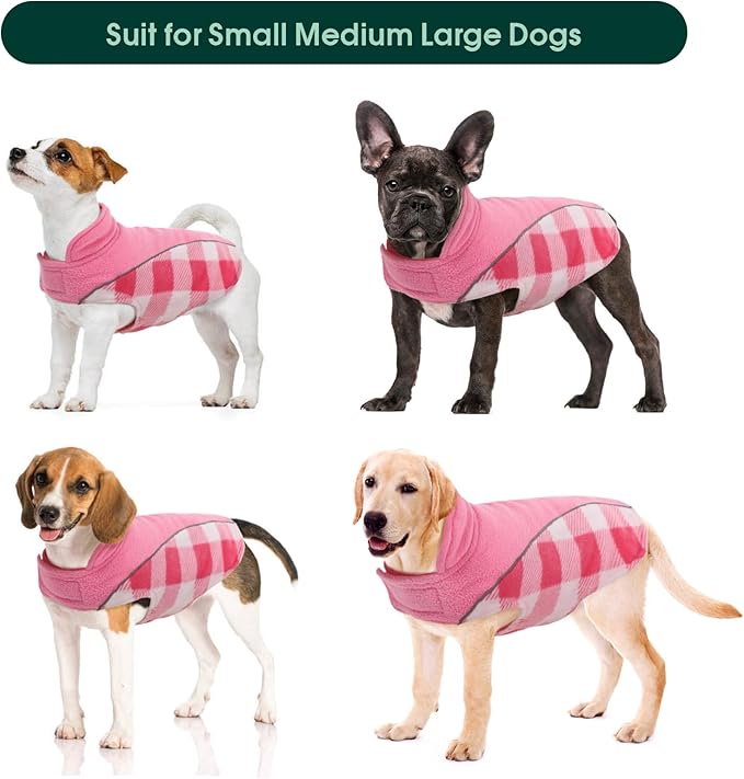 Kuoser Dog Winter Coat, Reversible Waterproof Dog Jacket with Reflective Strip, Warm Dogs Fleece Vest Adjustable Doggy Cold Weather Clothes Plaid Christmas Outfit Pet Apparel for Large Dogs, Pink 2XL