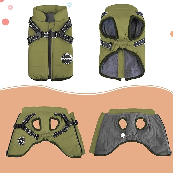 Dog Winter Coat,Warm Jacket Paded Fleece Pet Vest with Built in Harness, Windproof Reflective Cozy Adjustable Snow Pet Coat Clothes with Zipper for Small Medium Large Dogs