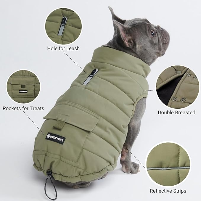 Spark Paws Dog Winter Jacket, Water-Resistant Coat, Warm Reflective Windproof Fleece-Interior, for Medium and Large Dogs - Olive - XXL