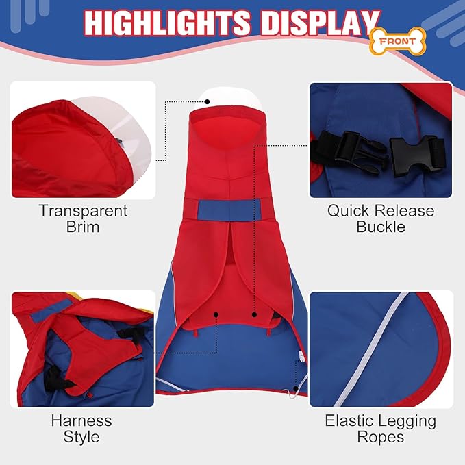 BINGPET Adjustable Dog Rain Jacket, Waterproof, Snowproof, Windproof - Reflective Striped Clear Hooded Slicker Poncho (Red-Blue, L)