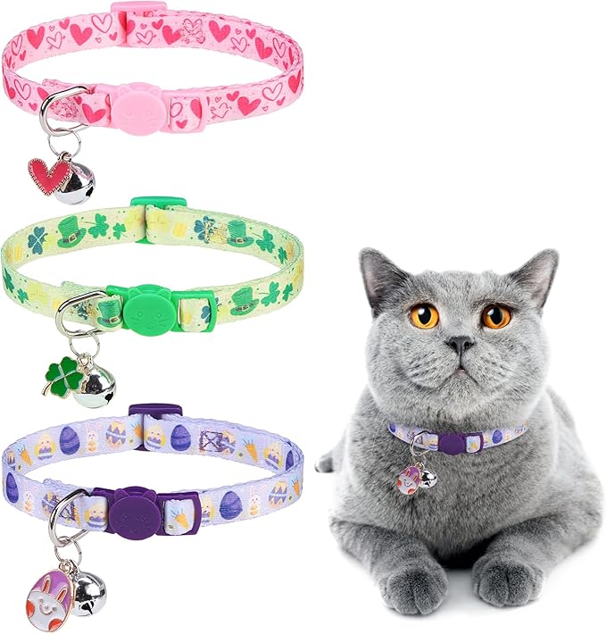 3 Pack St. Patricks Day Cat Collar Breakaway with Bell, Shamrock Irish Kitten Collar for Boys and Girls, Easter Valentine's Day Holiday Kitty Collar Adjustable 8"-12" for Puppy Small Pet