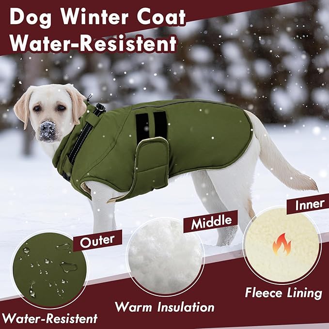 Dog Jackets for Large Dogs, Waterproof Winter Coat with Harness Built-in, Reflective Adjustable Hook&Loop Snow Jacket, Warm Fleece Snowsuit for Dogs Pit Bull Weimaraner Boxer, XXL Green