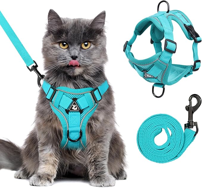 Escape Proof Cat Harness and Leash Set for All Types of Cats - Adjustable Reflective Soft Mesh Vest with 4 Buckles, Breathable Walking Harness for Kittens to XL Cats