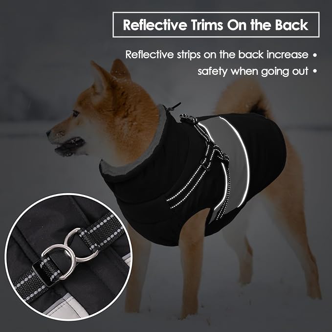 SUNFURA Dog Coat, XXL Dog Jacket Winter with Harness Built in, Waterproof Pet Snow Jacket with Furry Collar for Chilly Day, Reflective Fleece Snowsuit for Extra Large Dogs, Black 2XL
