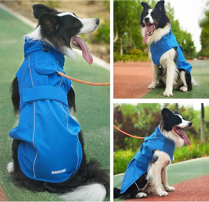 Waterproof Dog Raincoat, Adjustable Lightweight Dog Rain Jacket with Reflective Strip Leash Hole for Small Medium Large Dogs (Blue, Large(22-37lb))