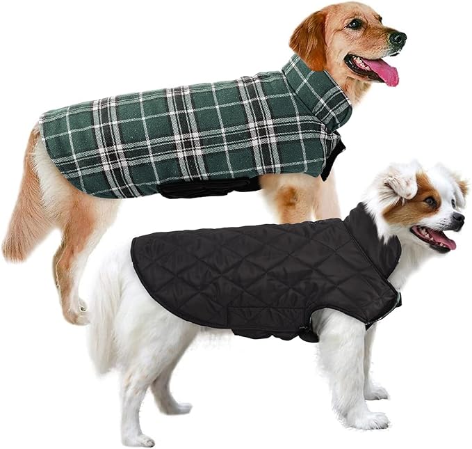 MIGOHI Reversible Dog Coat, Windproof Waterproof Warm Jacket for Cold Weather, British Style Plaid, Small Medium Large Dogs, Green, S