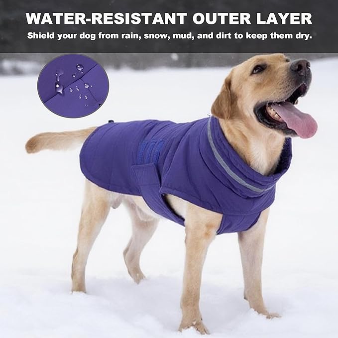 Dog Coat, Waterproof Winter Jacket, Warm Windproof Vest, Reflective Adjustable Turtleneck Coats for Large Dogs with Hook & Loop - Purple - XL