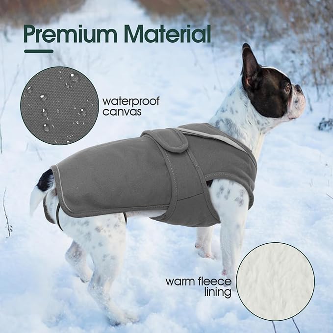 Kuoser Canvas Dog Coat, Warm Dog Jacket Reflective Fleece Pet Cold Weather Coat, Warm Doggie Clothes Waterproof Winter Vest with Zipper Leash Hole for Small Medium Large Dogs, Grey L