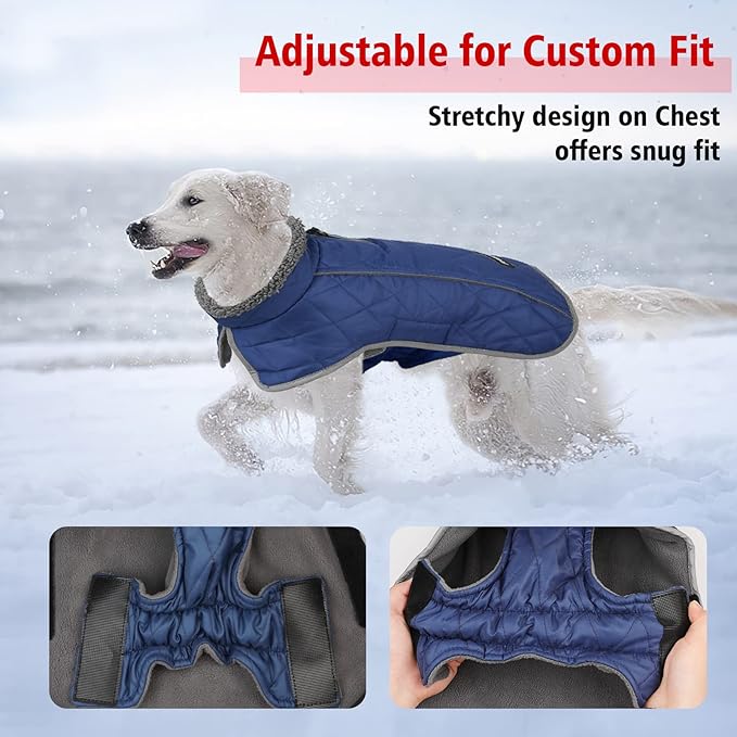 Fragralley Dog Coat Large, Waterproof Dog Jacket with Warm Fleece Lining, Adjustable Reflective Dogs Winter Coat, Turtleneck Pet Coats for Cold Weather (Blue XL)