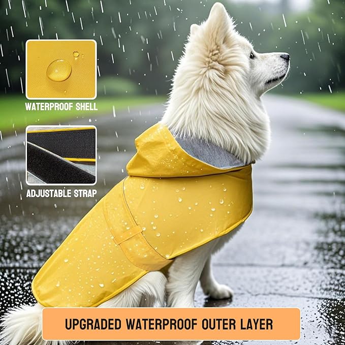 Dog Raincoat Dog Rain Jacket Poncho Waterproof Pet Rain Suit Double Layer Breathable Lining Hooded Leash Hole Adjustable Puppy Small Medium Dogs,Yellow,M