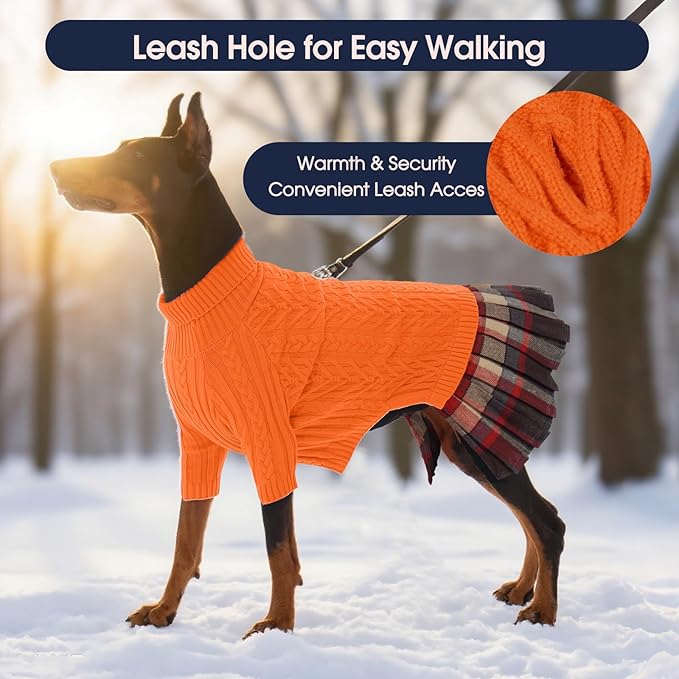 IECOii Girl Dog Sweater Dress - Cable Knit Dog Sweater for Small Dogs Girl - Orange, Medium, Turtleneck Pullover Sweaters with Tartan Plaid Skirt, Adorable Warm Dog Knitted Dress for Christmas