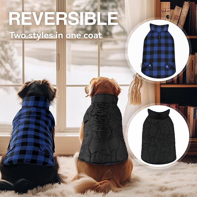 VIVAGLORY Softjoy Dog Coat, Dog Jacket for Winter & Christmas, Coat with Harness Hole & Velcro Closure, Reversible Plaid Checkered Warm Fluffy Heavy Duty for Puppy, L, Sapphire Blue Plaid